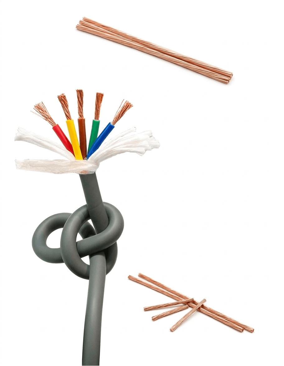 Кабель TRVV завязан в узел — демонстрация 6-го класса гибкости